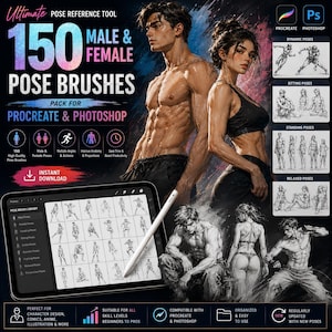May include: A digital art resource pack featuring 150 male and female pose brushes for Procreate and Photoshop. The image displays a tablet screen showing a grid of pose sketches, a white stylus, and illustrative figures in various poses.