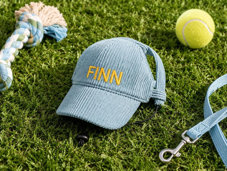 May include: A light blue corduroy baseball cap featuring the name FINN embroidered in yellow thread on the front panel. The cap includes a black adjustable chin strap and side openings for ears, designed with a textured fabric finish.