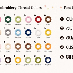 May include: A color chart displaying twenty-eight numbered embroidery thread color samples in circular rings, labeled with names like Black, Pink, and Dark Green. To the right, a list of five numbered font options labeled as CUSTOM.
