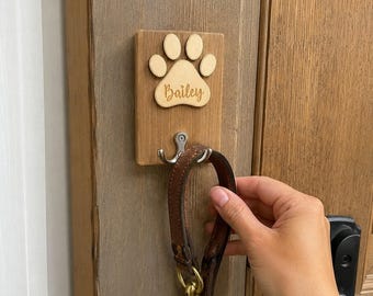 Personalized Dog Leash Holder Wall Hook | Custom Dog Name Paw Print Hook | Wooden Pet Collar Hanger Entryway Organizer