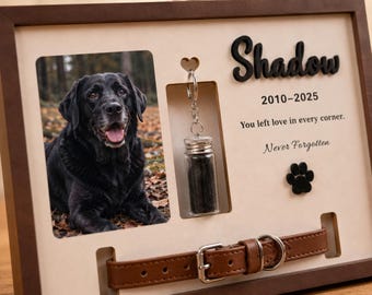Personalized Pet Memorial Frame with Collar Holder & Fur Bottle, Custom Dog Memorial Gift, Rainbow Bridge Photo Keepsake Wood Sign