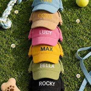 May include: A stack of six corduroy baseball caps for dogs in blue, tan, pink, yellow, olive green, and black. Each cap features an embroidered name on the front: FINN, COCO, LUCY, MAX, BELLA, and ROCKY. The caps have side ear openings.