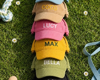 Personalized Embroidered Dog Hat with Ear Holes, Custom Corduroy Pet Baseball Cap, Puppy Sun Visor for Small Medium Large Dogs, Pet Gift