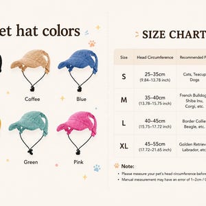 May include: A collection of pet hats in black, coffee, blue, yellow, green, and pink, each featuring a visor and an adjustable chin strap. A size chart provides head circumference measurements from 9.84 to 21.65 inches and weight ranges.