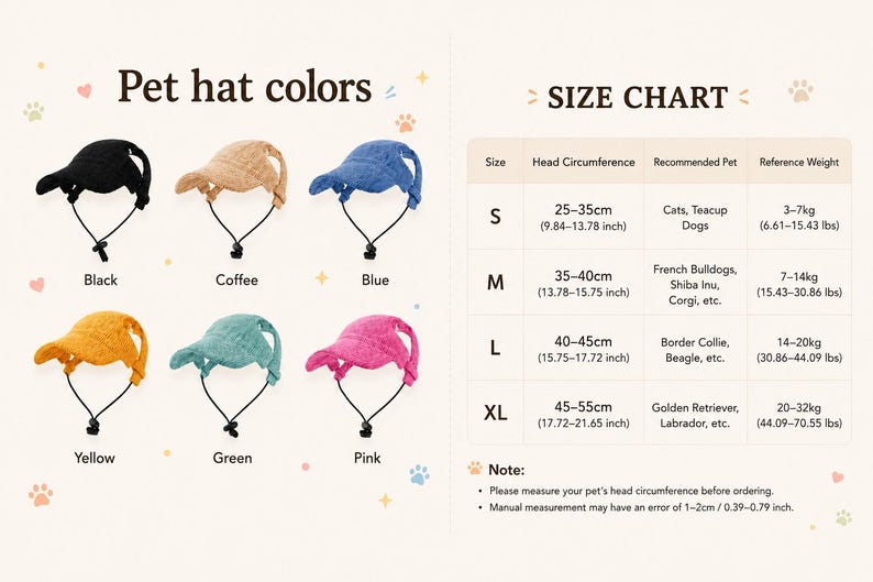 May include: A collection of pet hats in black, coffee, blue, yellow, green, and pink, each featuring a visor and an adjustable chin strap. A size chart provides head circumference measurements from 9.84 to 21.65 inches and weight ranges.