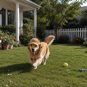 May include: A golden retriever dog running across a green lawn while wearing a tan baseball cap with the word COCO embroidered in dark brown thread on the front. A yellow tennis ball and a blue rope toy are visible on the grass nearby.