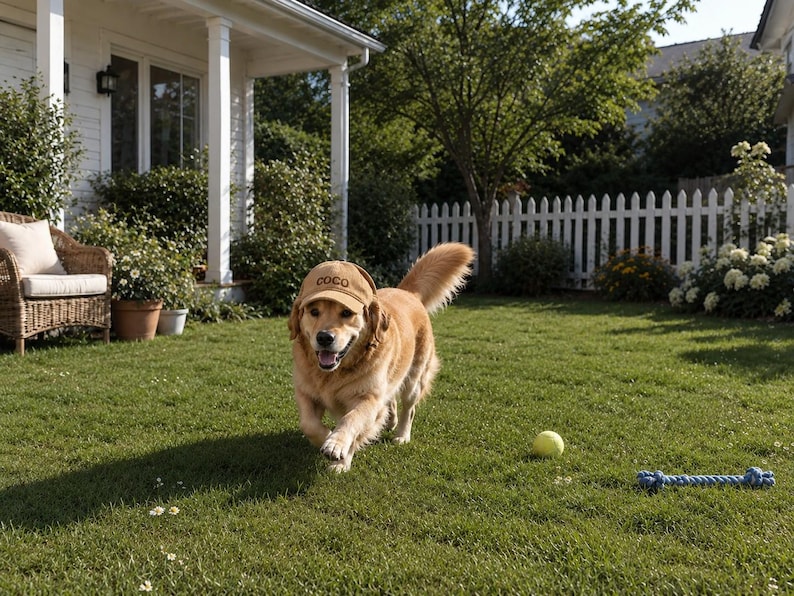 May include: A golden retriever dog running across a green lawn while wearing a tan baseball cap with the word COCO embroidered in dark brown thread on the front. A yellow tennis ball and a blue rope toy are visible on the grass nearby.