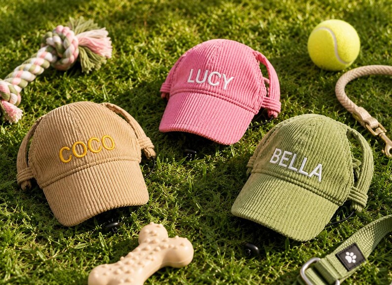 May include: Three corduroy baseball caps for pets in pink, tan, and olive green. The pink cap features the embroidered name LUCY, the tan cap features COCO in yellow, and the olive green cap features BELLA in white. Each cap has side ear holes.