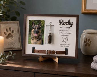 Personalized Pet Memorial Frame with Collar Holder & Fur Bottle, Custom Dog Memorial Gift, Rainbow Bridge Photo Keepsake Wood Sign