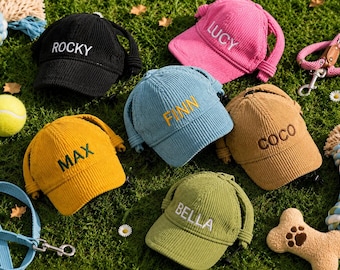 Personalized Embroidered Dog Hat with Ear Holes, Custom Corduroy Pet Baseball Cap, Puppy Sun Visor for Small Medium Large Dogs, Pet Gift