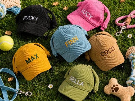 Personalized Embroidered Dog Hat with Ear Holes, Custom Corduroy Pet Baseball Cap, Puppy Sun Visor for Small Medium Large Dogs, Pet Gift