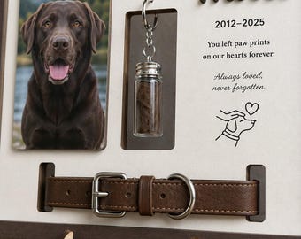 Personalized Dog Memorial Frame, Custom Pet Loss Gift with Collar Display, Fur Keepsake & Photo Tribute, Rainbow Bridge Gift