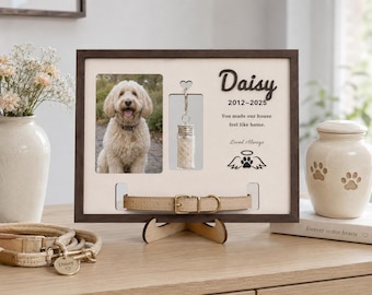 Personalized Pet Memorial Frame with Collar Holder & Fur Bottle, Custom Dog Memorial Gift, Rainbow Bridge Photo Keepsake Wood Sign