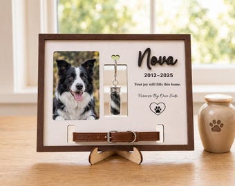 Personalized Pet Memorial Frame with Collar Holder & Fur Bottle, Custom Dog Memorial Gift, Rainbow Bridge Photo Keepsake Wood Sign