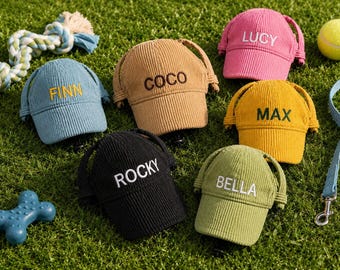 Personalized Embroidered Dog Hat with Ear Holes, Custom Corduroy Pet Baseball Cap, Puppy Sun Visor for Small Medium Large Dogs, Pet Gift
