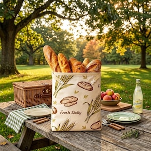 Saco de pão em linho orgânico com forro de cera de abelha | Ideal para manter o frescor de pães caseiros de fermentação natural e baguetes francesas.