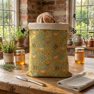 Leinen Bienenwachs Brot Tasche für Sauerteig - Extra Großer 17x13 Wiederverwendbarer Brothalter - Honigbienen Druck Umweltfreundliche Aufbewahrung - Handwerker Bäcker Geschenk