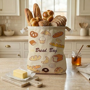 Saco de pão de cera de abelha com estampa fofa de padaria, tamanho grande (17x13), reutilizável, ideal para armazenar pão de fermentação natural. Saco para guardar alimentos com estampa de confeitaria, uma ótima opção de presente ecológico para padeiros.