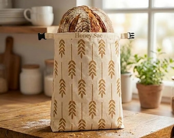 Sac à pain en cire d'abeille à motif blé, très grand sac à pain en lin, rangement écologique (43 x 33 cm)