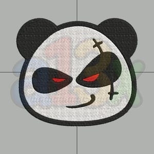 May include: An embroidered patch featuring a stylized panda face with a white head, black ears, and black eye patches. The panda has glowing red eyes and a small black cross symbol over the left eye, with a thin black curved line for a mouth.