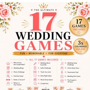 Printable Wedding Games Bundle, 17 Wedding Reception Games, 3 Kids’ Coloring Pages, Instant Download, Digital PDF