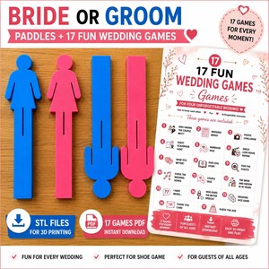 Könnte beinhalten: Ein Set aus vier flachen, menschenförmigen Paddeln in Blau und Pink sowie einer rechteckigen Karte mit der Aufschrift 17 FUN WEDDING GAMES. Die Karte listet siebzehn Aktivitäten auf, darunter Wedding Bingo, Photo Challenge und Marriage Quiz, mit Symbolen.