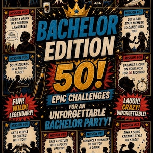 Könnte beinhalten: Ein Bachelor Edition Spielposter mit 50 epischen Herausforderungen für einen Junggesellenabschied. Das Design enthält eine goldene Krone, eine Bierflasche und zwölf nummerierte Missionsfelder mit Silhouetten und Textanweisungen.