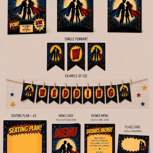 Könnte beinhalten: Eine Sammlung von Hochzeitspapeterie im Superhelden-Design mit Einladungskarten, Dankeskarten, Save-the-Date-Karten, Wimpeln, Sitzplänen, Menükarten, Getränkekarten und Platzkarten, die Silhouetten eines Paares vor einem Vollmond zeigen.