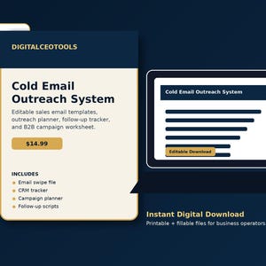 May include: An advertisement for a Cold Email Outreach System digital product. The image shows a laptop displaying the system's interface and a product description with the price. The product includes email templates, a planner, a tracker, and a worksheet.