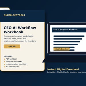 Op de afbeelding: Advertentie voor een digitaal product, een CEO AI Workflow Workbook. De afbeelding toont een laptop met het werkboek en een productbeschrijving met een prijs van $19,99. Bevat PDF-werkboek, workflow-werkbladen en checklist.
