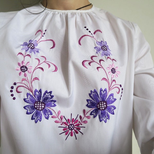 Hungarian Embroidered Folk Blouse, Purple & Lilac Flowers on White, Flounced Long Sleeves, High Neck Top, Smocked Shirt, Tunic, Small S/XS