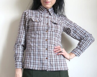 Hennes Checked Cotton Shirt, Slim Fit Pointed Collar Blouse, Brown Pale Blue Utility Buttoned Top, Chest Pockets, Western Ranch Wear, XS