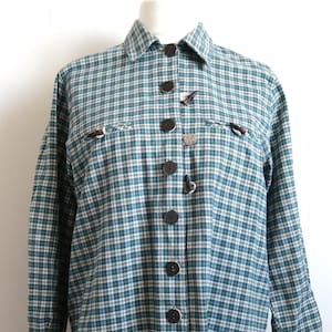 Teal Checked Dirndl Shirt, Farmhouse Trachten Cotton Blouse, Straight Collar Plaid Top, Deco Buttons, Austrian German 90&#39;s Shirt, Large M/L