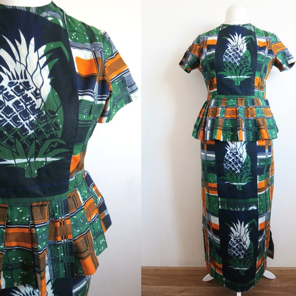 Robe peplum africaine des années 60, robe imprimée wax ananas, maxi motif géométrique, jupe longue droite, vert, orange, bleu marine, blanc, moyen M