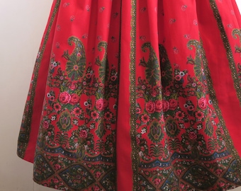 Shawl Print Midi Skirt, Hot Red Polish Folklore Skirt, Paisley & Roses, Full Midi Skirt, Elastic Waist, Ethnic Boho Outfit, Small S/M