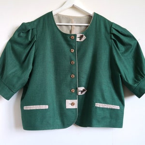 Dark Green Folklore Blouse, Dirndl Cropped Shirt, Linen Rayon Cotton Blend, Yessica Trachten Buttoned Top, Big Puffed Sleeves, Plus Size XL