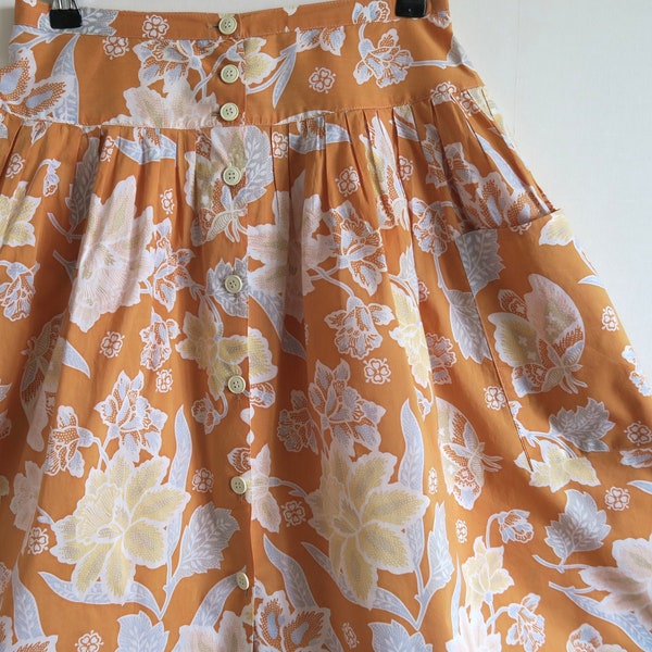 80's Cacharel Summer Skirt, High Waist Buttoned Skirt, Orange Paisley and Butterflies Thin Cotton Prairie Skirt, Made in France, Small XS