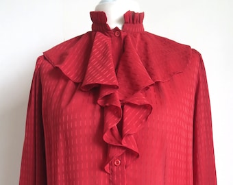 Blood Red French Jabot Blouse, Sheer Striped Texture Prairie Vampire Shirt, High Neck Ruffled Collar, Corporate Slave Goth Fall Fashion M