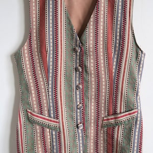 80's Tapestry Boho Vest, Woven Ethnic Waist Coat, Striped Folklore Fitted Waistcoat, Sleeveless Buttoned Top, Pink, Green, Blue, Medium M