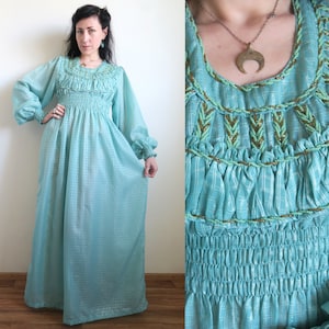 Sheer Beaded Blue-Gold Dress, 70&#39;s Long Formal Gown, Seed Bead Braids, Smocked Maxi Dress, Full Poet Sleeves, Romantic Ball Gown Small S/XS