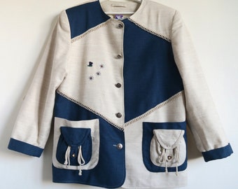 Embroidered Patchwork Jacket by Yessica, Off-White Beige, Blue Modernist Dirndl Blazer, Deco Purse Pockets, Ugly Cute Trachten Coat, Medium