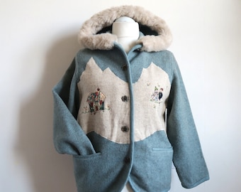 Alpine Hooded Coat by MAIZ Co, Embroidered Patchwork Cute Applique Kids Jacket with Hood, Folklore Warm Wool Overtop Powder Blue Beige 14 Y