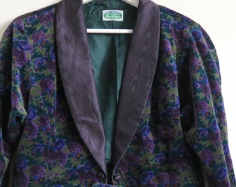 Alpentraum Floral Velvet Blazer, Purple Green Lapel Jacket, Puffed Sleeve Victorian Cropped Overtop, Austrian Trachten Suit Top, Medium M