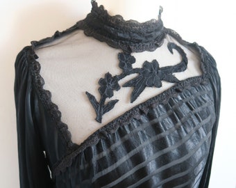 Italian Victorian Goth Blouse, Black Striped Satin Shirt, Asymmetric Mesh Yoke with Flower Applique, 80&#39;s Prairie High Neck Top, Valentina