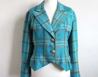 French Lapel Jacket, Turquoise Blue Checked Blazer, Massive Golden Buttons, Tartan Mod Buttoned Top, Parisian Dandy Plaid Coat, Large L