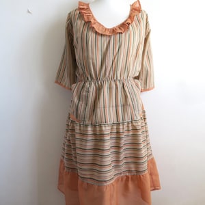 Romantic 80&#39;s Prairie Dress, Earthy Orange, Green, Beige Semi-Sheer Voile, Ruffled Neck Dress, Homemade Gown, Striped Midi Dress, Medium M