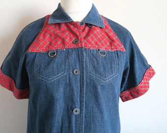 70's Denim Shirt Dress, Japanese Maternity Casual Dress, Blue Jeans Pregnancy Button-Up Dress, Red Plaid Yoke, Short Sleeve, Pointed Collar