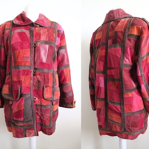 90&#39;s Suede Leather Patchwork Coat, Pink & Maroon Finnish Designer Parka, Colorful Geometric Warm Jacket, Oversized Robe Style Overcoat