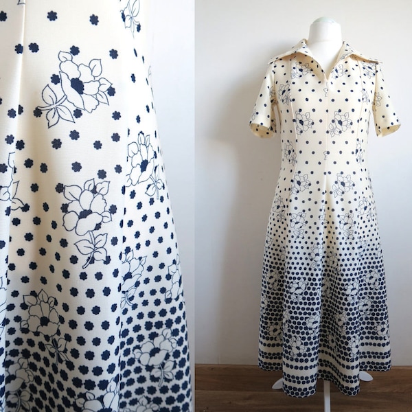 70's Norwegian Poly Knit Dress NWT, Unworn, Creamy Off-White & Navy Blue Graphic Flowers, Short Sleeves, Wing Collar, Midi Skirt, Medium M