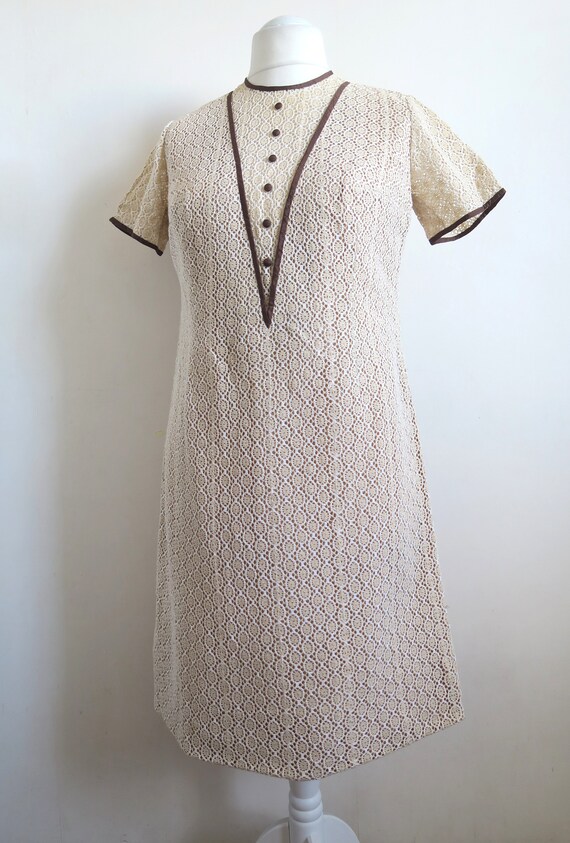 60's Cotton Crochet Lace Dress, Chevron Detail Hi… - image 6